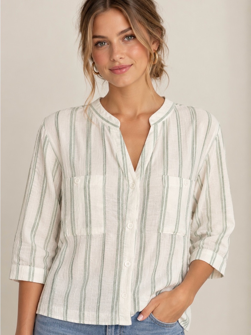 3rd + Malt Women's Striped Button Down 3/4 sleeve blouse Shirt polyester large